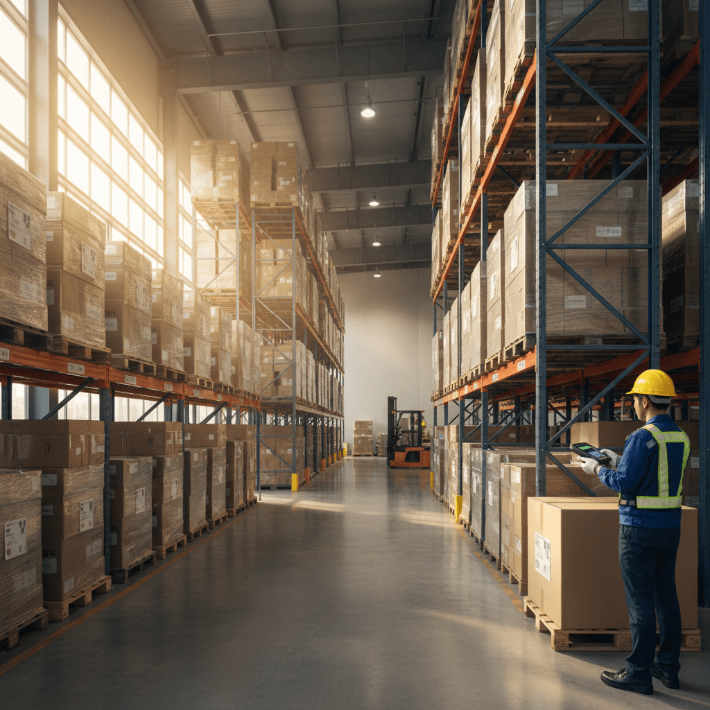 서울의 현대적 물류 창고에서 화물을 스캔하는 작업자